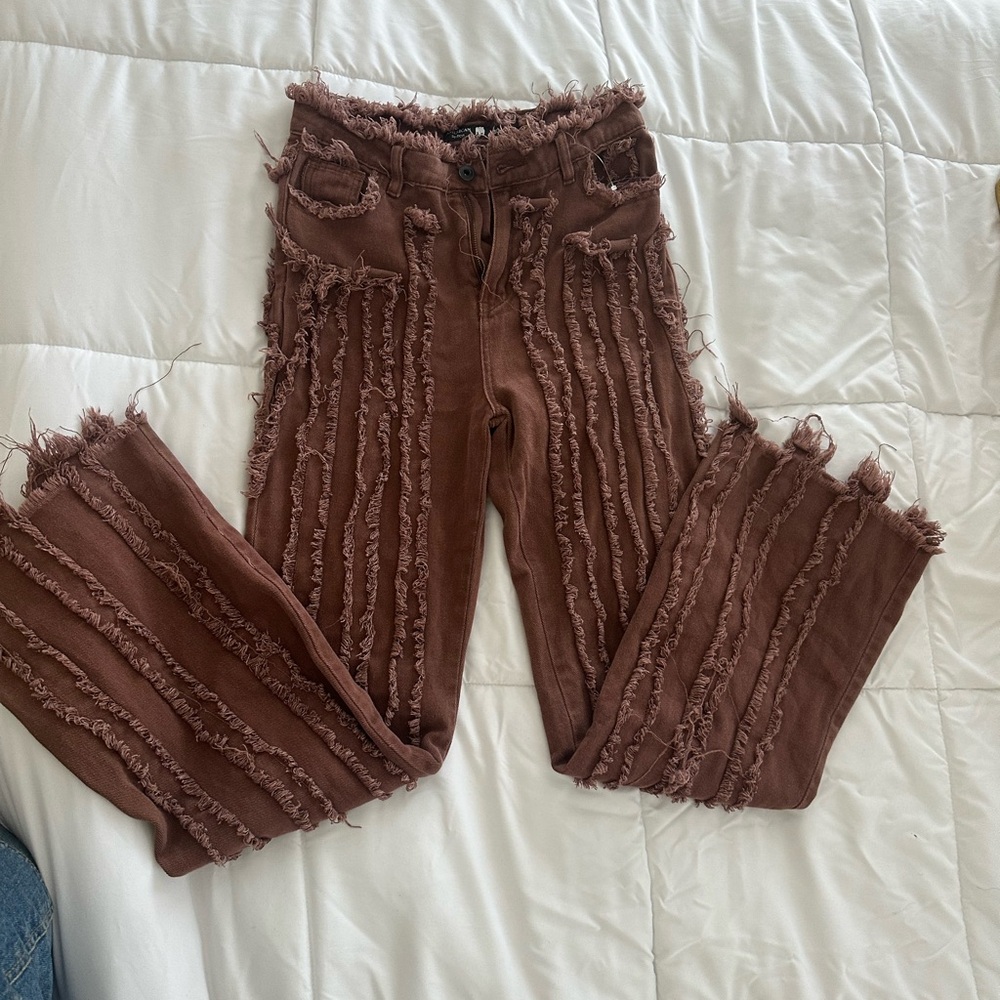 American Stitch Brown Frayed Stripe Wide-Leg Jeans